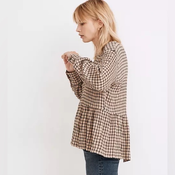Madewell Button-Back Peplum Top in Mini Windowpane - Picture 5 of 9